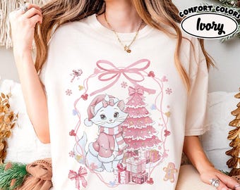 Vintage Coquette Bow Disney Marie Cat roze kerstboomshirt, Aristocats Xmas Tee, kattenliefhebber top, Disneyland Girl Trip vakantiesweater