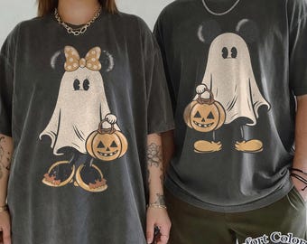 Retro Mickey & Minnie Signature Halloween Shirt, Trick or Treat Spooky Tee, Disney Halloween Party Shirt, Disney Couple Halloween Trip Shirt
