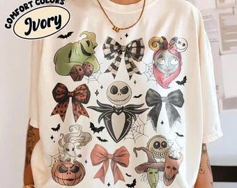 Camiseta retro de Pesadilla antes de Navidad de Coquette, camiseta de Halloween de Jack Skellington, camiseta de Halloween de Disney, camiseta Coquette Bow Comfort Colors