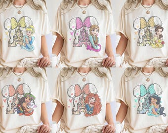 Retro Women’s Disney Princess Watercolor Shirt, Cinderella Snow White Ariel Belle & More Comfort Color Tee, Disney Park Vacation Trip Outfit