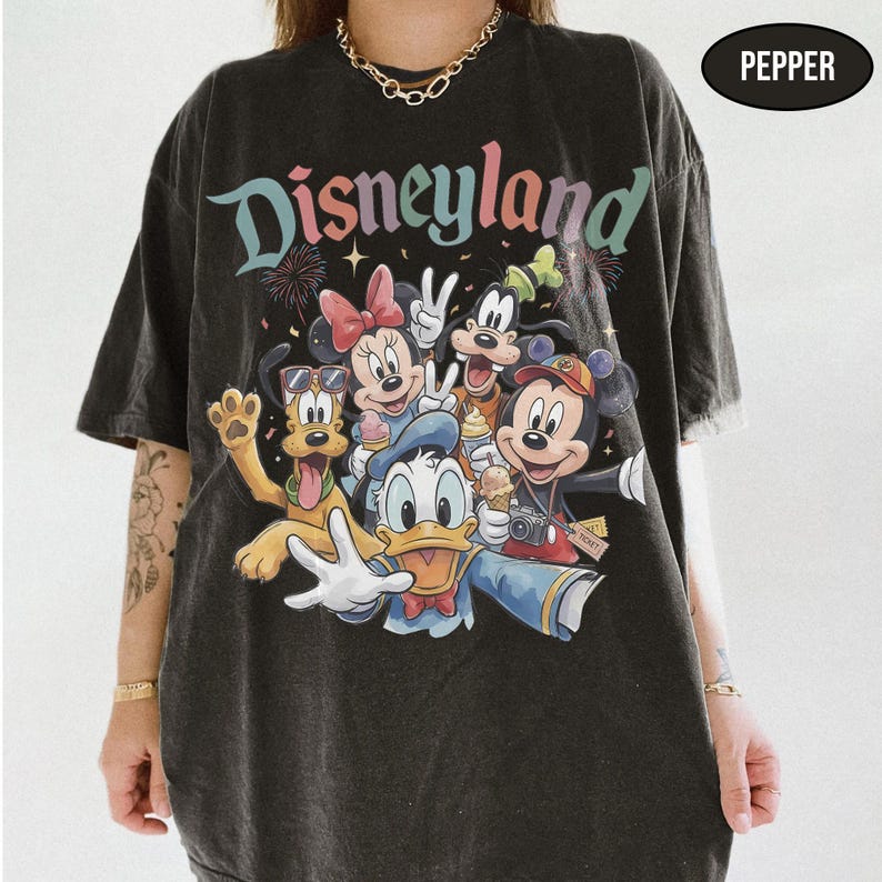 May include: Black t-shirt featuring the word "Disneyland" in colorful script above a graphic of Disney characters including Mickey Mouse, Minnie Mouse, Donald Duck, and Goofy. The shirt has a vintage, distressed look.