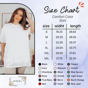 Op de afbeelding: Een wit Comfort Color shirt met een maattabel. De tabel toont maten S tot 3XL, met breedte- en lengtematen in inches. Kleuropties zijn zwart, wit en diverse andere kleuren. Het merklogo staat onderaan.