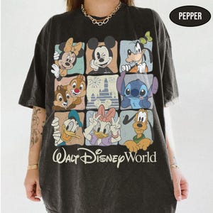 May include: A charcoal gray short-sleeve t-shirt featuring a grid of nine squares with various Disney characters including Mickey Mouse, Minnie Mouse, Goofy, Stitch, Donald Duck, Daisy Duck, Pluto, Chip, and Dale, with the text Walt Disney World.