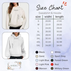 May include: A size chart for sweatshirts and hoodies, with measurements in inches. The chart includes sizes S to 5XL, with corresponding width and length dimensions. Color options include black, white, sand, and more.