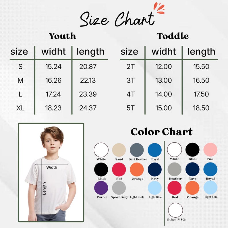 Op de afbeelding: Een maattabel voor t-shirts voor kinderen en peuters. De tabel bevat afmetingen voor breedte en lengte in centimeters, samen met een kleurenkaart met verschillende kleuren zoals wit, zwart en roze. De afbeelding toont ook een jongen die een wit t-shirt draagt.