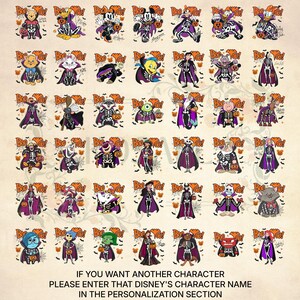 May include: A collection of Disney character illustrations dressed in skeleton costumes for Halloween, each accompanied by the text Boo You. The grid displays various animated figures wearing capes and holding pumpkins, with a request for personalization.