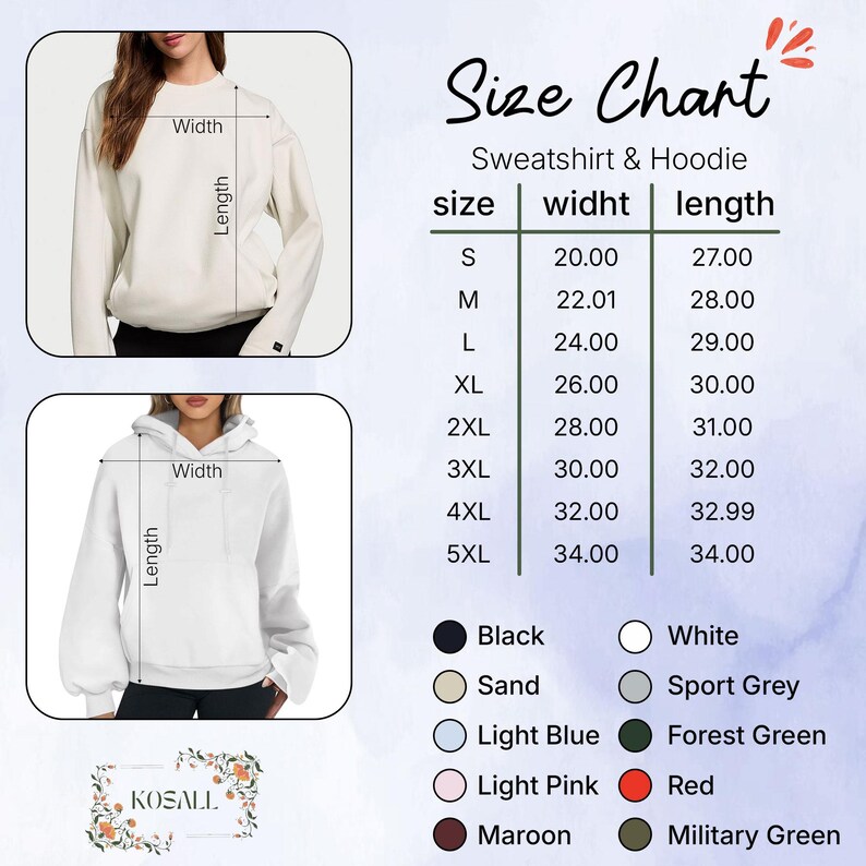 Puede incluir: Tabla de tallas para sudaderas y sudaderas con capucha, con medidas en pulgadas. La tabla incluye tallas de la S a la 5XL, con dimensiones de ancho y largo. Las opciones de color incluyen negro, blanco, arena y m&aacute;s. El logotipo de la marca es visible en la parte inferior.