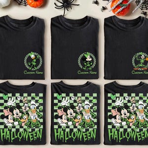 カスタムディズニースケルトンハロウィンシャツ、全キャラクターファミリーお揃いTシャツ、ハロウィングループシャツ、ディズニー旅行2025衣装、ディズニーバケーション