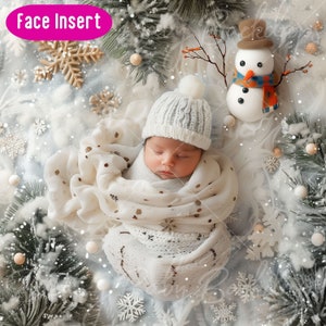 Newborn Winter Snow Scene Digital Backdrop: Face Insert Overlay (PNG)