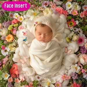 Newborn Digital Backdrop Face insert, Baby Spring Flowers butterflies, Photoshop Overlays, Add face Digital Prob Backdrop, Studio Background