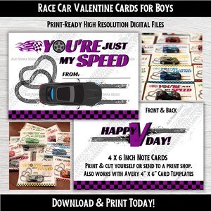 以下が含まれることがあります： レースカーのデザインが施された、男の子向けの印刷可能なバレンタインデーカード。カードは10.16 x 15.24 cmで、「You're Just My Speed」と書いてあり、「From:」と書くスペースがあります。カードの裏面には「Happy V Day!」と書いてあり、印刷とカットの指示が含まれています。