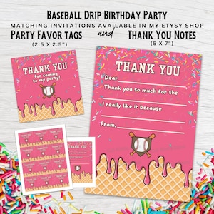 Baseball Geburtstags-Dankesnotizen, Gastgeschenkanhänger, Baseball Drip Eis Thema, Passende Baseball Geburtstagseinladungen, druckbare DIY