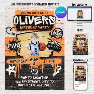 Graffiti Birthday Invitation, Editable Canva Template, Virtual Birthday Invite, Digital Invitation with Photo, Teen Birthday, Orange Drip
