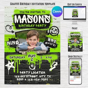 Graffiti Birthday Invitation, Editable Canva Template, Virtual Birthday Invite, Digital Invitation with Photo, Teen Boy Birthday, Green Drip