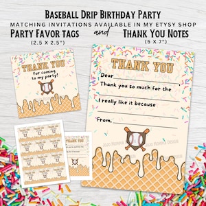Baseball Geburtstags-Dankesnotizen, Gastgeschenkanhänger, Baseball Drip Eis Thema, Passende Baseball Geburtstagseinladungen, druckbare DIY