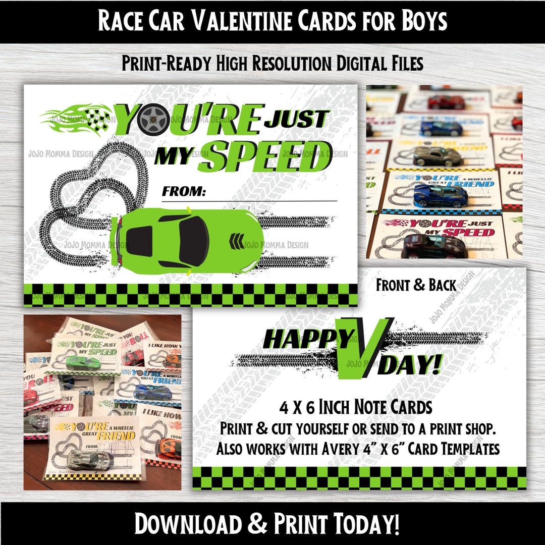Printable Valentine Cards for Boys, Hot Wheel Race Car Valentine Cards ...