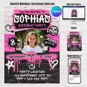 Graffiti Birthday Invitation, Editable Canva Template, Virtual Birthday Invite, Digital Invitation with Photo, Teen Girl Birthday, Pink Drip