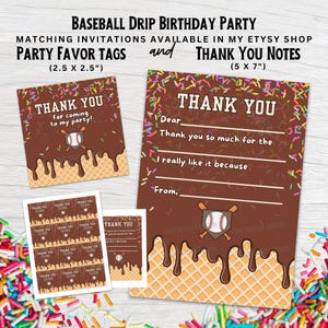 Baseball Geburtstags-Dankesnotizen, Gastgeschenkanhänger, Baseball Drip Eis Thema, Passende Baseball Geburtstagseinladungen, druckbare DIY