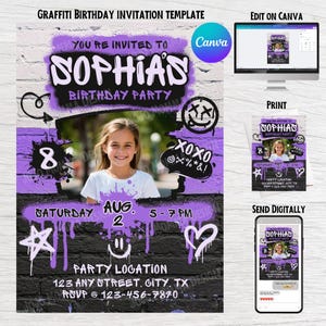 Graffiti Birthday Invitation, Editable Canva Template, Virtual Birthday Invite, Digital Photo Invitation, Teen Girl Birthday, Purple Drip