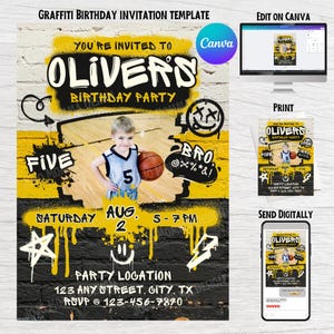 Graffiti Birthday Invitation, Editable Canva Template, Virtual Birthday Invite, Digital Invitation with Photo, Teen Birthday, Yellow Drip