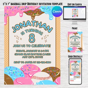 Modello di invito di compleanno a tema baseball, gelato gocciolante a tema baseball, modello Canva modificabile, colori zucchero filato, biglietti di ringraziamento abbinati