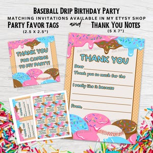 Baseball Geburtstags-Dankesnotizen, Gastgeschenkanhänger, Baseball Drip Eis Thema, Passende Baseball Geburtstagseinladungen, druckbare DIY