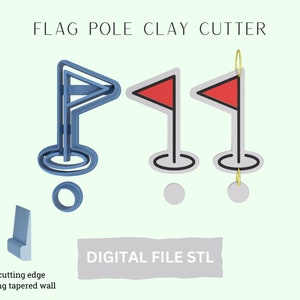 May include: A digital file STL for a 3D printed clay cutter in the shape of a flag pole. The cutter is blue with a red flag. The image also shows a sharp cutting edge with a strong tapered wall.