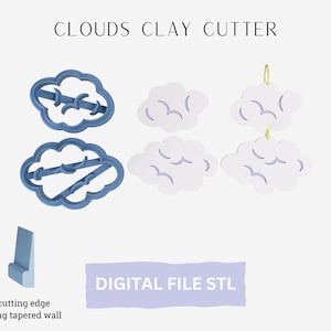 Puede incluir: Un archivo STL digital para un cortador de arcilla en forma de nube impreso en 3D. El cortador es azul y tiene un borde de corte afilado con una pared cónica fuerte. La imagen muestra el cortador en dos tamaños diferentes y una muestra de las nubes cortadas.