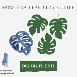 Puede incluir: Tres archivos STL digitales para la impresión 3D de un cortador de arcilla con forma de hoja de Monstera. El cortador es azul y tiene un borde de corte afilado. Los archivos son para crear una hoja de Monstera grande, mediana y pequeña.