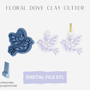 May include: A blue plastic clay cutter in the shape of a dove with floral details. The cutter is shown next to two white doves with purple floral details. The text "FLORAL DOVE CLAY CUTTER" and "DIGITAL FILE STL" is also shown in the image.