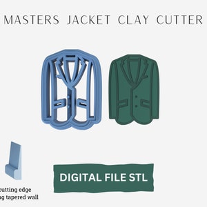 May include: Digital STL file for a 3D printed clay cutter in the shape of a jacket. The cutter is blue and green and has a sharp cutting edge with a strong tapered wall.  The text "MASTERS JACKET CLAY CUTTER" and "DIGITAL FILE STL" is visible in the image.