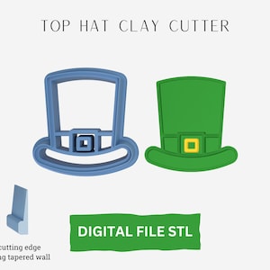 May include: Two 3D printed STL files for a top hat cookie cutter. The cutter is blue and green with a sharp cutting edge and a strong tapered wall.  The text "DIGITAL FILE STL" is on the image.