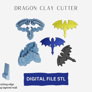 May include: Set of five 3D printed dragon cookie cutters. The cutters are in various colors, including blue, yellow, black, and gray. The cutters are designed with sharp cutting edges and strong tapered walls. DIGITAL FILE STL.