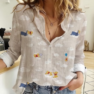 Winnie The Pooh Shirt, Women’s Cartoon Blouse, Casual Long Sleeve Button Down Shirt, Women&#39;s Casual Shirt, Gift for Mom,Winnie The Pooh Gift