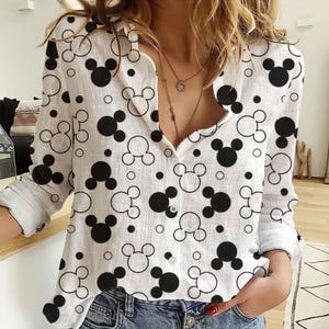 Mickey Mouse Head Print Button Down Shirt, Cute Disney Inspired Blouse,Cartoon Graphic Top, Women&#39;s Casual Shirt Theme Park Outfit for Women