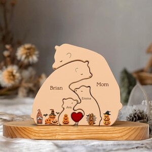 Halloween Personalized Single Dad/Mom Bear Puzzle,Custom Wooden Father and Kids Gift, Father's Day Gift,Family Home Decor, Mother's Day Gift