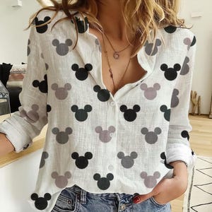 Mickey Mouse Head Print Button Down Shirt, Cute Disney Inspired Blouse,Cartoon Graphic Top, Women&#39;s Casual Shirt Theme Park Outfit for Women