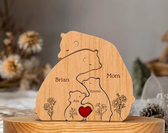 Birth Month Flower with Bear Family, Hugging Bear Family Floral Version, Personalized Wooden Bear Family Puzzle,Wooden Animal Carving Decor