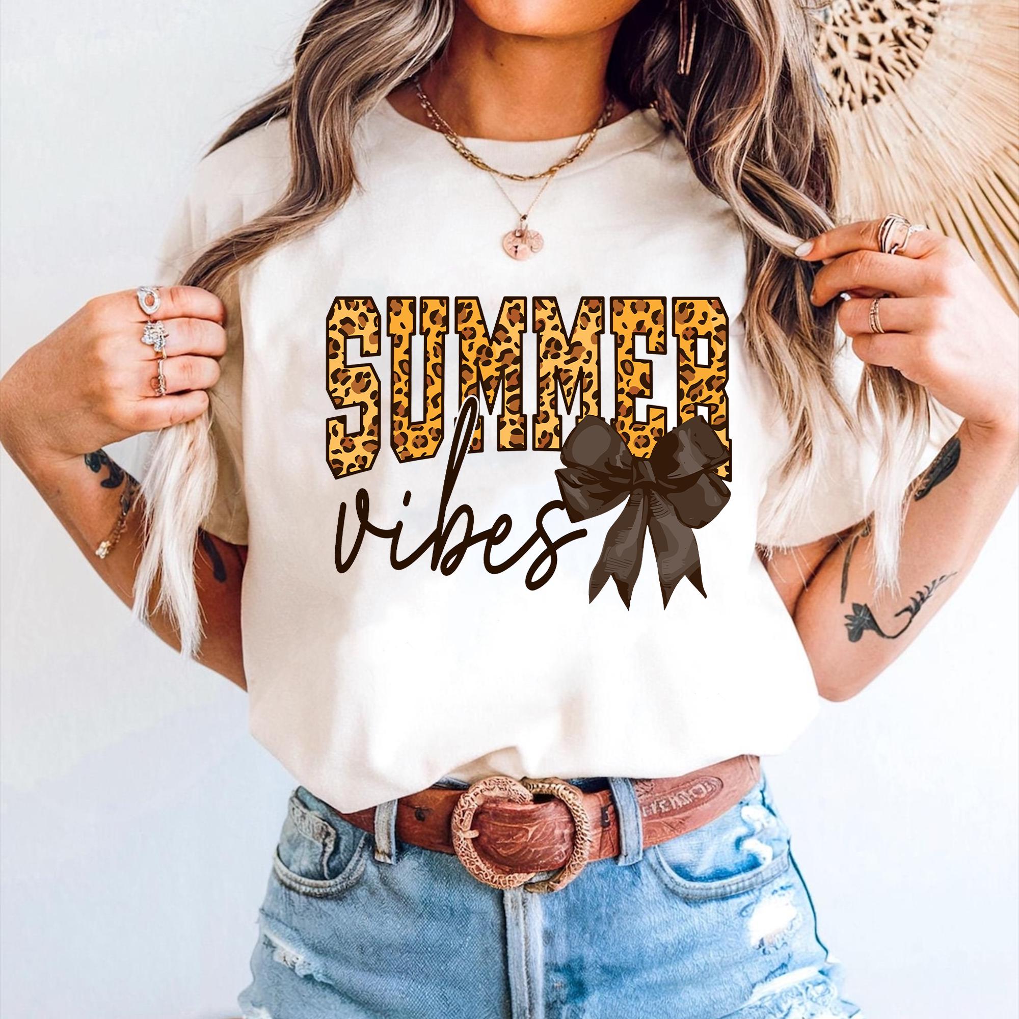 Summer Vibes Leopard PNG, Trendy Animal Print Bow Sublimation, Preppy Summer Shirt Design, Cute Cheetah Clipart,Girly Leopard Summer Graphic