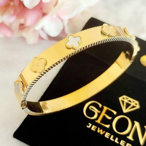 18K Gold plated bracelet Stainless steel Bangle Bracelet Minimalist Stackable Bracelet clover flower Statement Jewelry Birthday Gift for Her