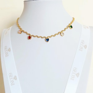 Heart Gemstone Necklace 14K Gold Geometric Charm Layering Rainbow Charm Crystal Rainbow Necklace Summer Necklace Christmas Gift for her
