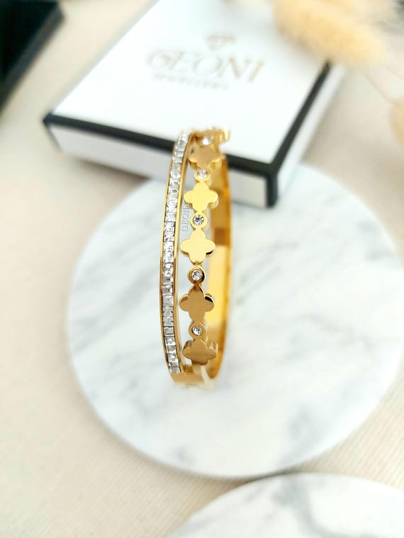 Bracelet Trèfles En Acier Inoxydable Doré - Zircon Incrusté - Jonc Femme - Neuf