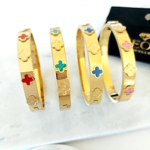 18K Gold plated bracelet Stainless steel Bangle Bracelet Minimalist Stackable Bracelet clover flower Statement Jewelry Birthday Gift for Her