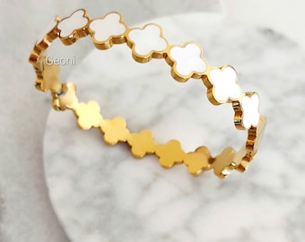 Bracciale Rigido Donna In Acciaio Inossidabile Con Zirconi, Placcato Oro – Gioiello A Forma Di Trifoglio, Chiusura Nascosta