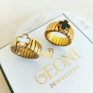 18K Gold plated Ring, Elastic Stainless steel clover ring Stacking Ring Crystal Jewelry Clover ring flower Gift Birthday Gift for Girlfriend