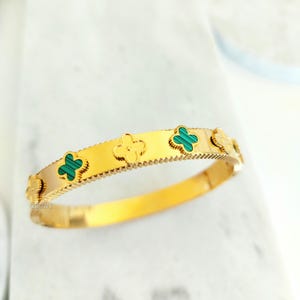 18K Gold plated bracelet Stainless steel Bangle Bracelet Minimalist Stackable Bracelet clover flower Statement Jewelry Birthday Gift for Her