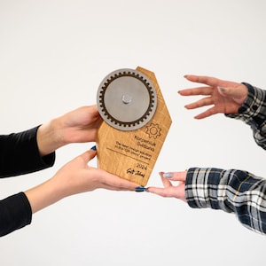 Engraved Wood and Metal Trophy Personalized Milestone Award for Corporate Success