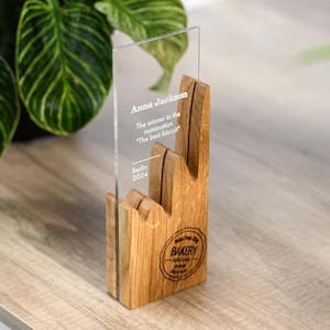 Unique Design Custom Wooden Trophy: Modern Personalized Award with Acrylic Accent, Ideal Corporate Gift for Business Partners