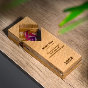 May include: A wooden plaque with a clear acrylic insert. The plaque has the text "Henry Gray" and "Thank you for your hard work and contribution to the project" engraved on it. The year "2024" is also engraved on the plaque. The acrylic insert has a colorful abstract design.