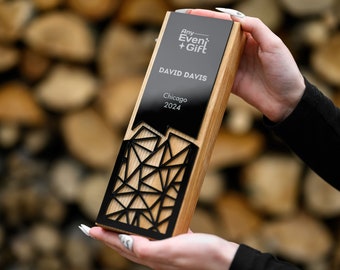 Premio artesanal de madera y acrílico: placa de reconocimiento única, decoración rústica de escritorio para mostrar agradecimiento.